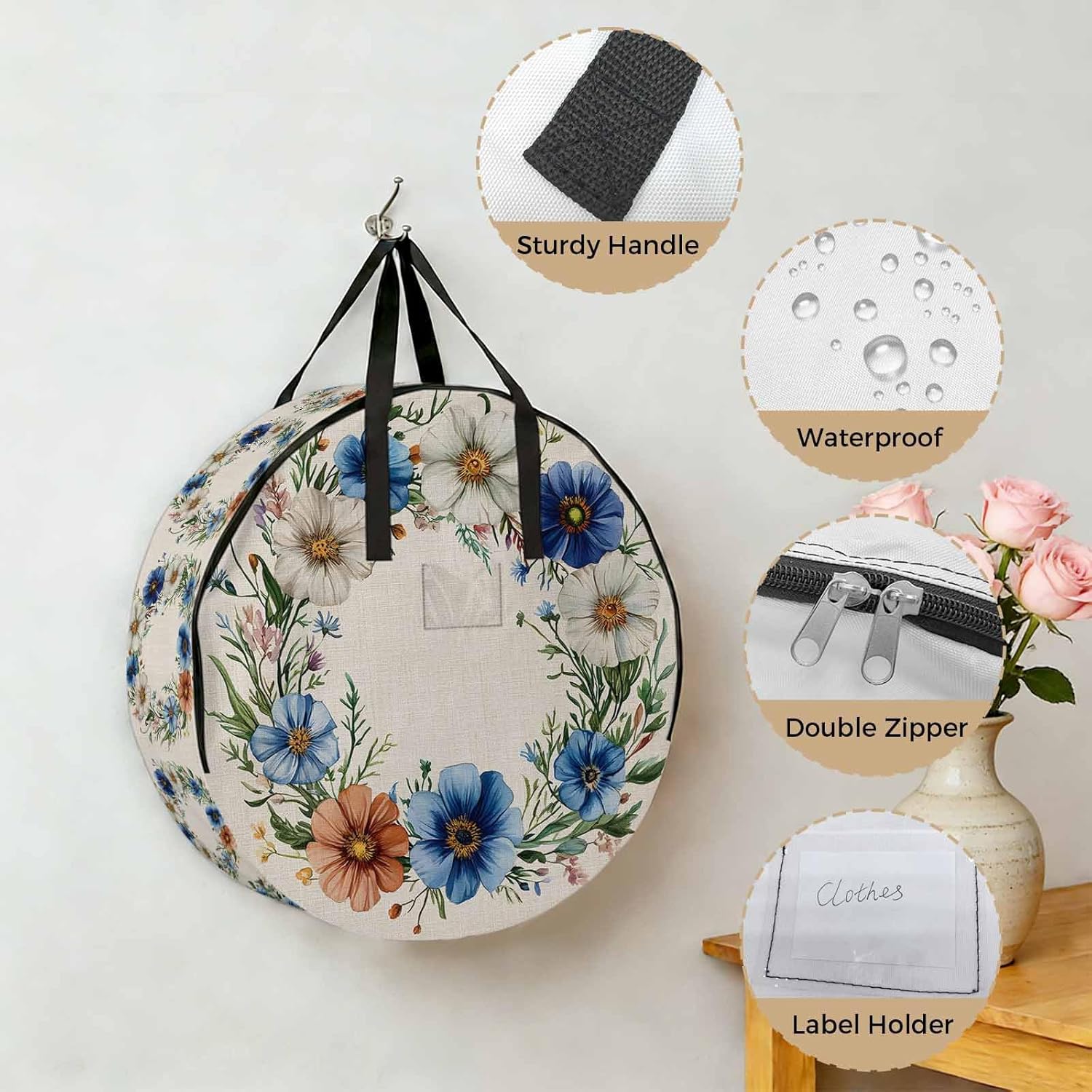 Spring Plant Round Storage Bag 36 Inch, White Blue Circle Flower Linen Texture Clothes Storage Container with Handles Heavy Duty Organizer for Comforter, Bedding & Holiday Wreaths