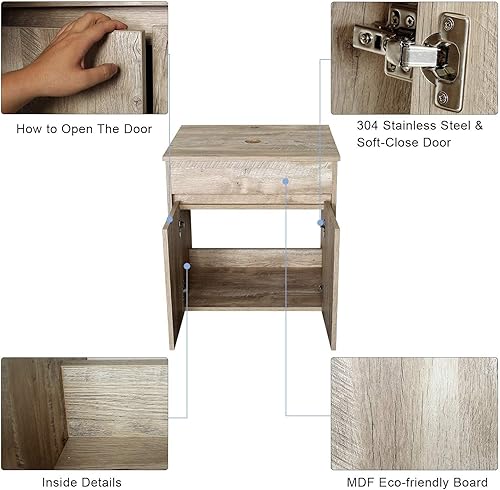 Miniatura 4 de eclife Juego de lavabo de tocador de baño de 24 pulgadas, montaje en pared, color gris hormigón, cubierta de fregadero de vidrio templado, con grifo