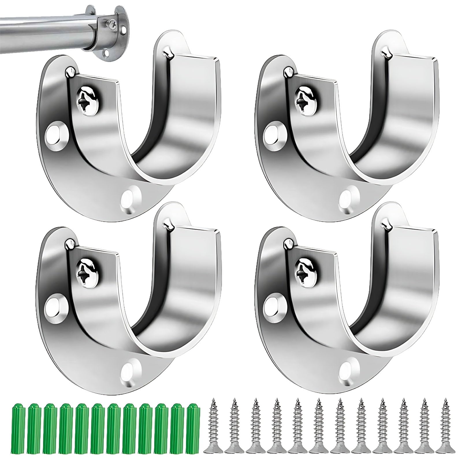 4 Pack Wardrobe Rail Bracket, 25mm Flange Rod Holder, U Shaped Stainless Steel Curtain Pole Brackets with Screws for Wardrobe Shower Bathroom Kitchen (Silver)