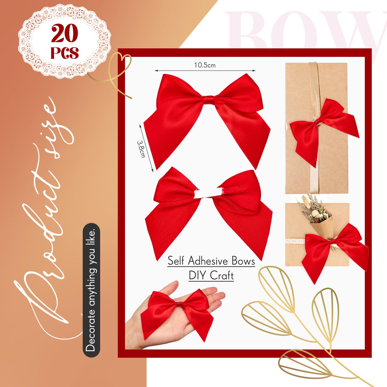 40 Fiocchi Di Raso Rosso Autoadesivi - Decorazioni Regalo Per Compleanno E Natale - Foto 2