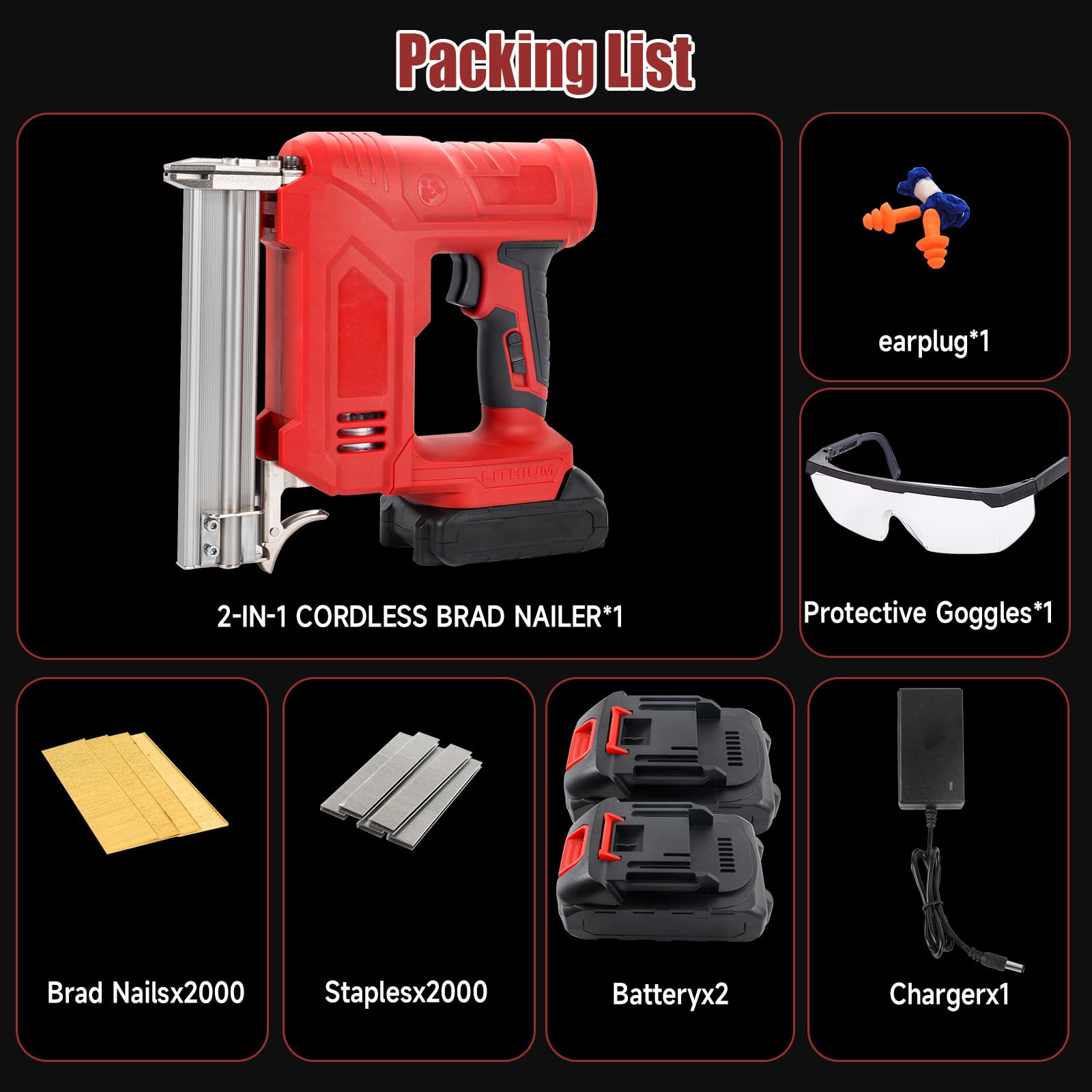 JOJOCY 21V Cordless Brad Nailer Stapler Kit, 2 2.0Ah Batteries, 18GA 2000 Nails & Staples, 2 Firing Modes, Safety Lock for Carpentry DIY Woodworking