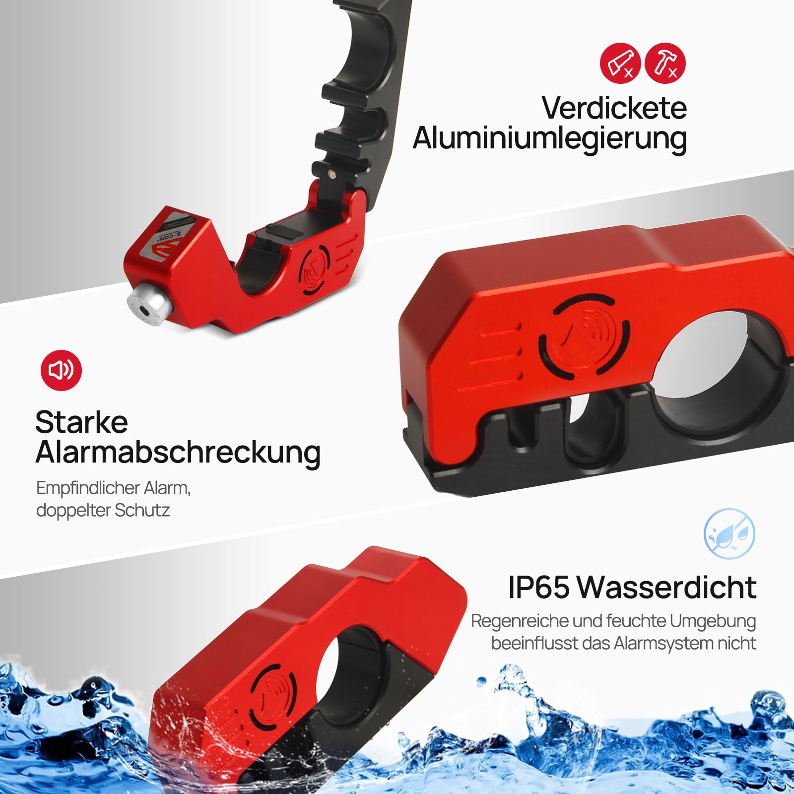 Motorrad Bremsschloss Alarm 130DB, Schwere Aluminium Motorrad Schloss Alarm | IP65 Wasserdichte, Anti Diebstahl Lenker Schloss, Hohe Sicherheit Bremshebelschloss für Moped, Fahrrad, E Scooter, ATV