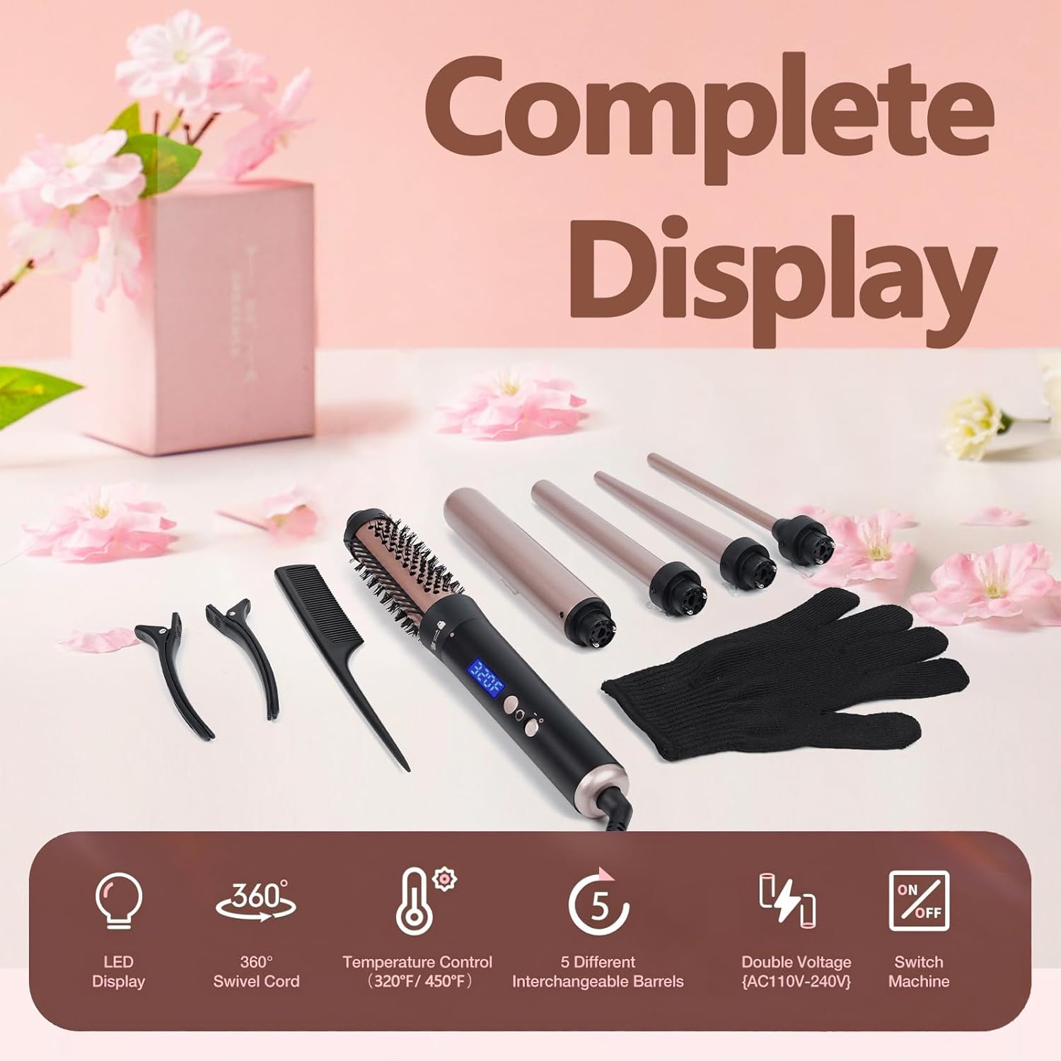 5 in 1 Hair Curling Wand Set, Hair Curlers for Short Long Hair, Curling Wand and Curling Brush, 4 Temperature Settings Curling Iron, Hot Brush Styler with Different Attachments