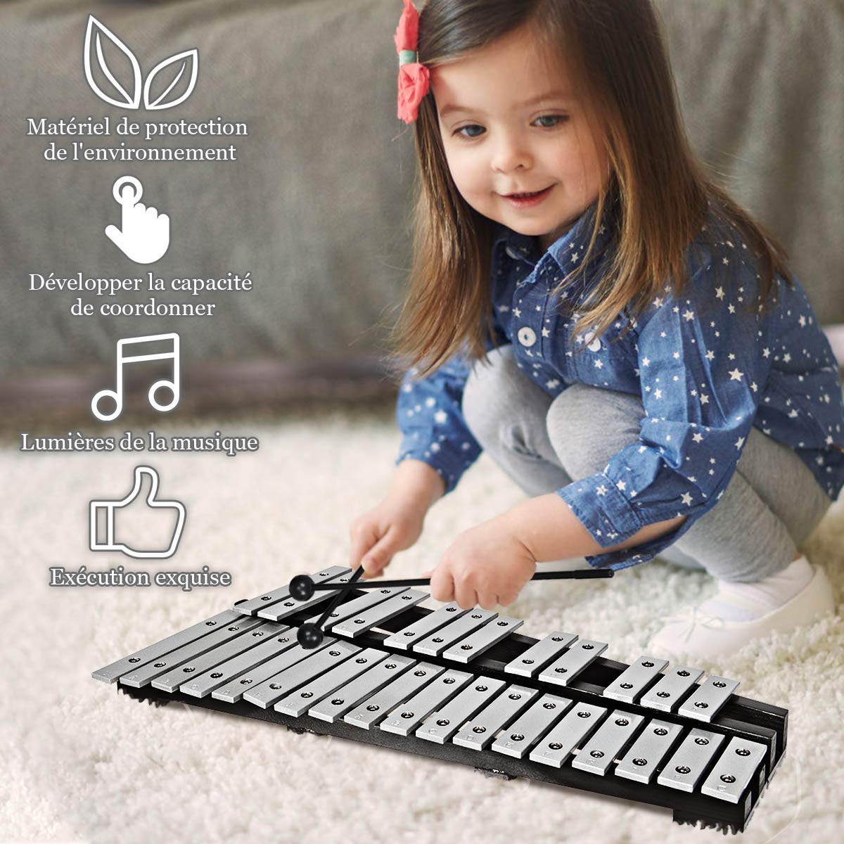 COSTWAY Kit de Percussion Glockenspiel 30 Note Portable avec Baguettes en Bois,Cadre en Bois Barres en Aluminium avec Sac de Transport pour Enfants Educatifs