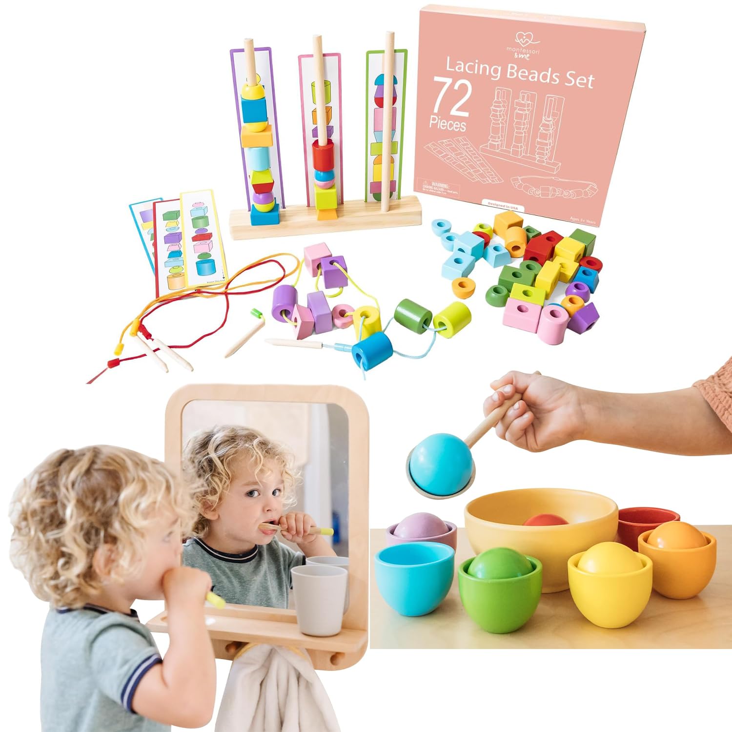 Montessori & Me Toddler Bundle - Color Sorting Ball Set, Self-Care Station, and Lacing Beads for Early Learning, Motor Skills, and Independence Development