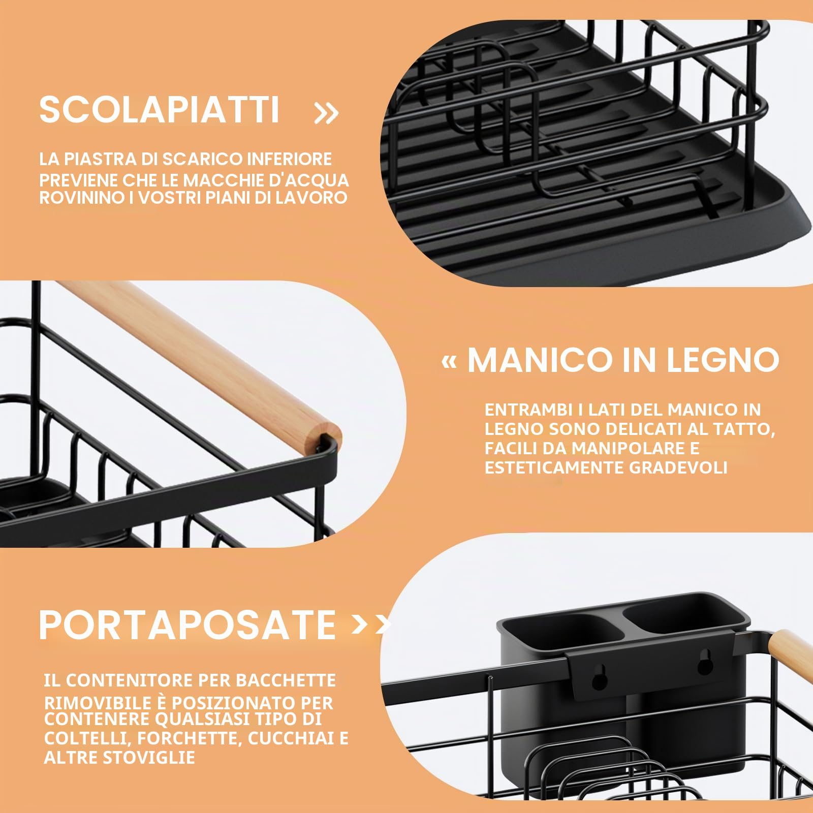 BRIAN & DANY Scolapiatti da Appoggio con Manico in Legno, Nero, 42 × 30 × 15 cm