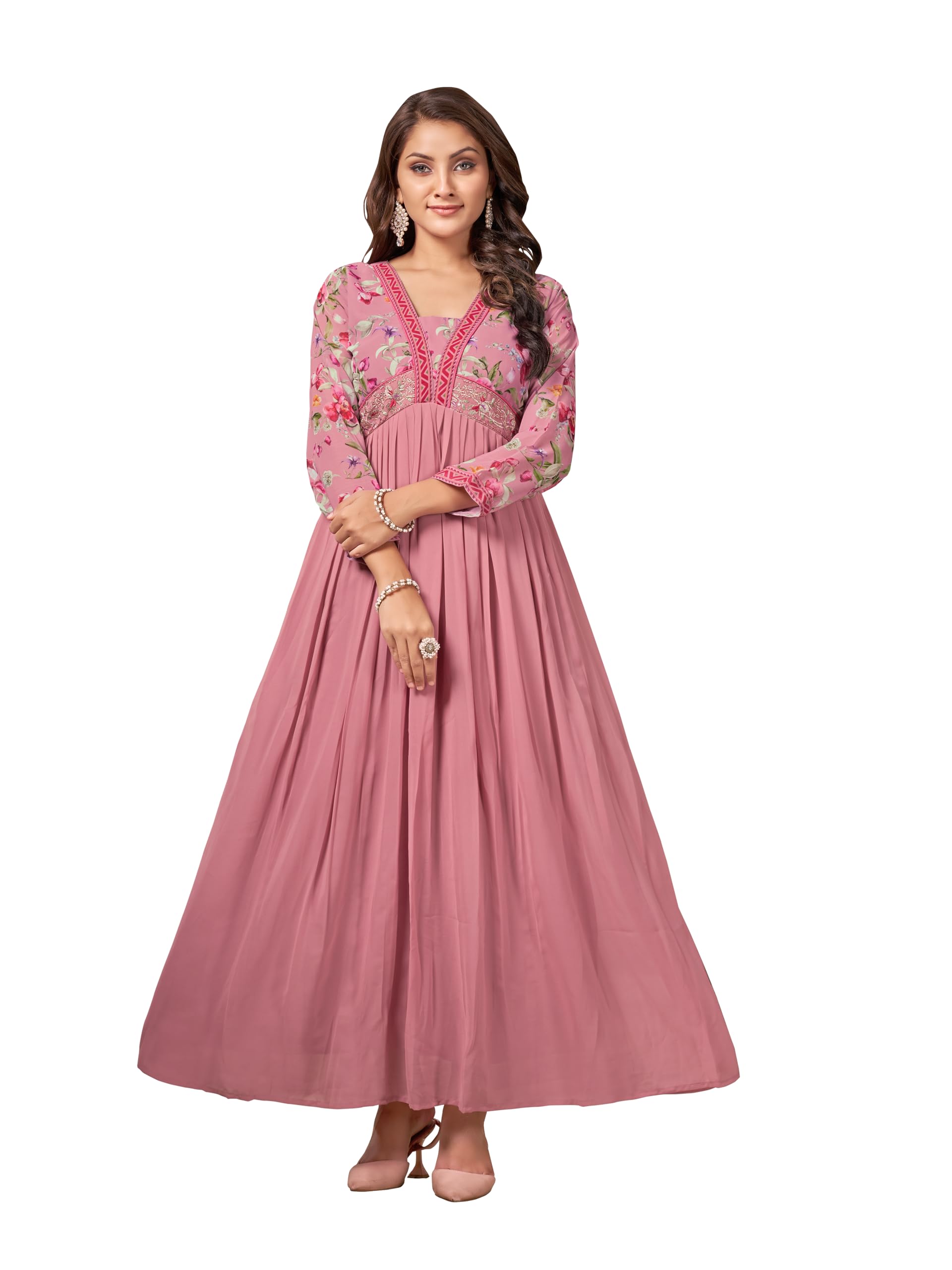 ROYALICAPeach Embroidered Sequin A-line Maxi Ethnic Dress.