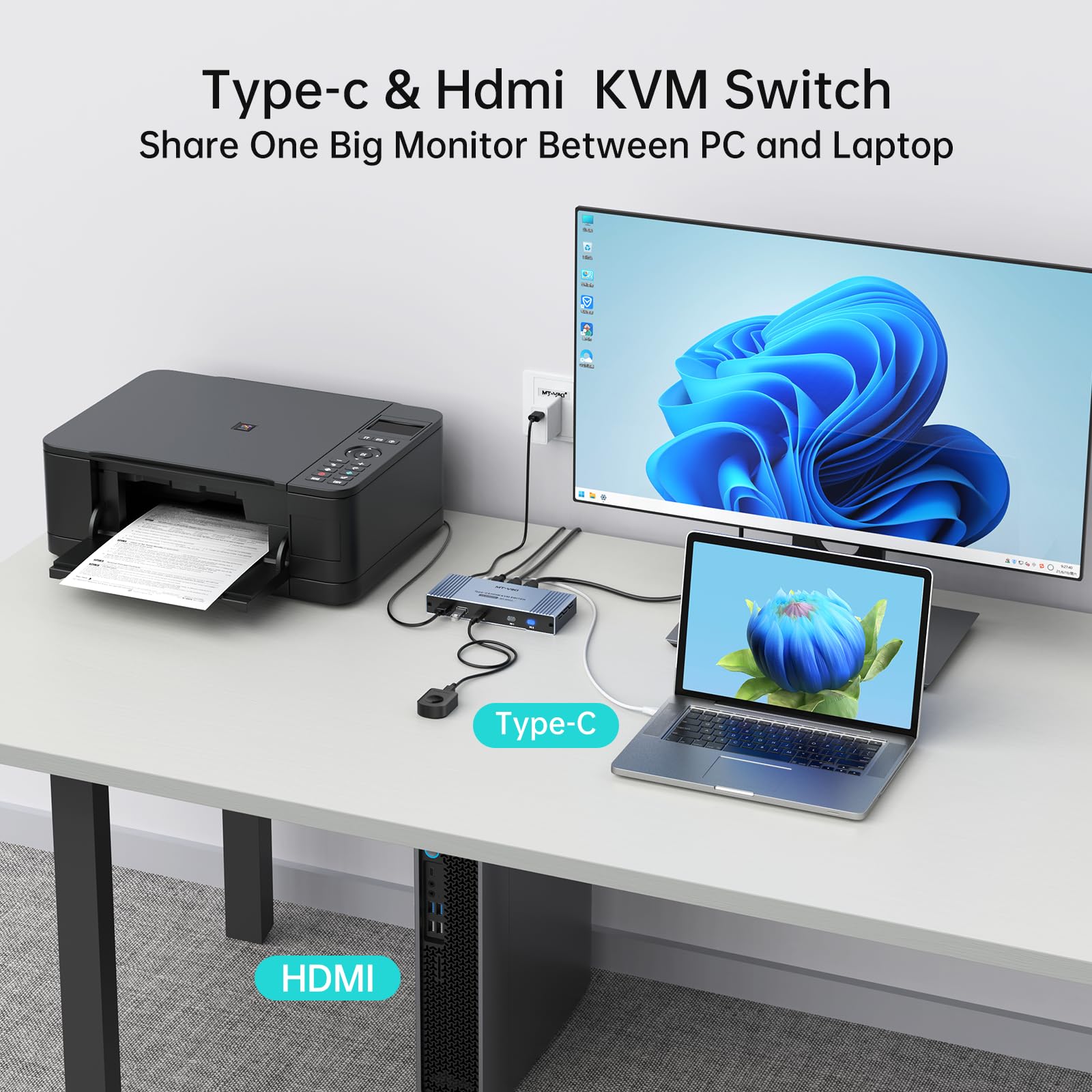 MT-VIKI Hybrid USB C HDMI KVM Switch 2-Port 4K60Hz Share Keyboard Mouse