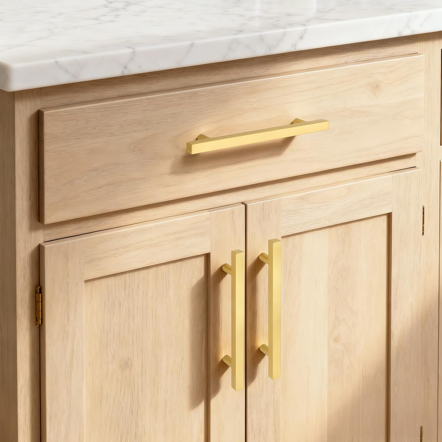 Probrico 20Pack Hole Centers 5 Inch Modern Brushed Brass Cabinet Handles Square T Bar Kitchen Cabinet Pulls Stainless Steel Polished Gold Dreser Drawer Pulls Total Length 7.5Inch