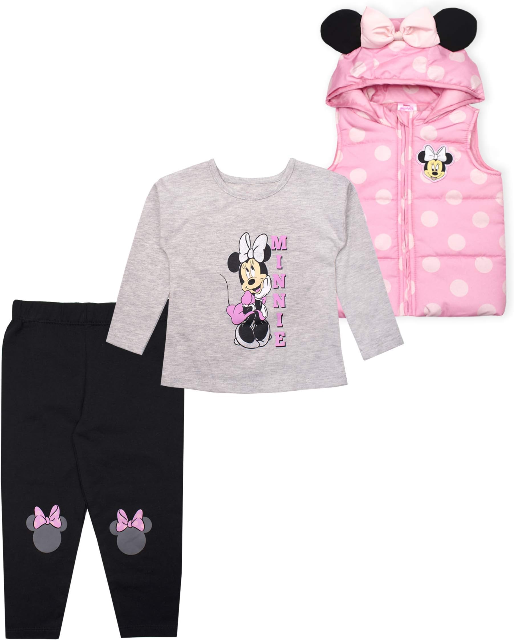 DisneyPrincess Minnie Mouse Frozen Elsa Anna Girls Long Sleeve Shirt, Vest and Legging Pants Set for Toddler and Little Kids