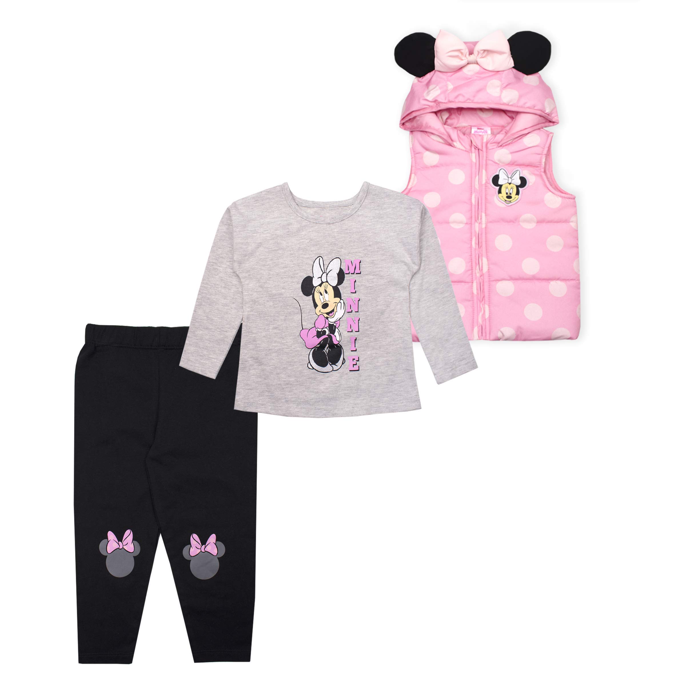 DisneyPrincess Minnie Mouse Frozen Elsa Anna Girls Long Sleeve Shirt, Vest and Legging Pants Set for Toddler and Little Kids