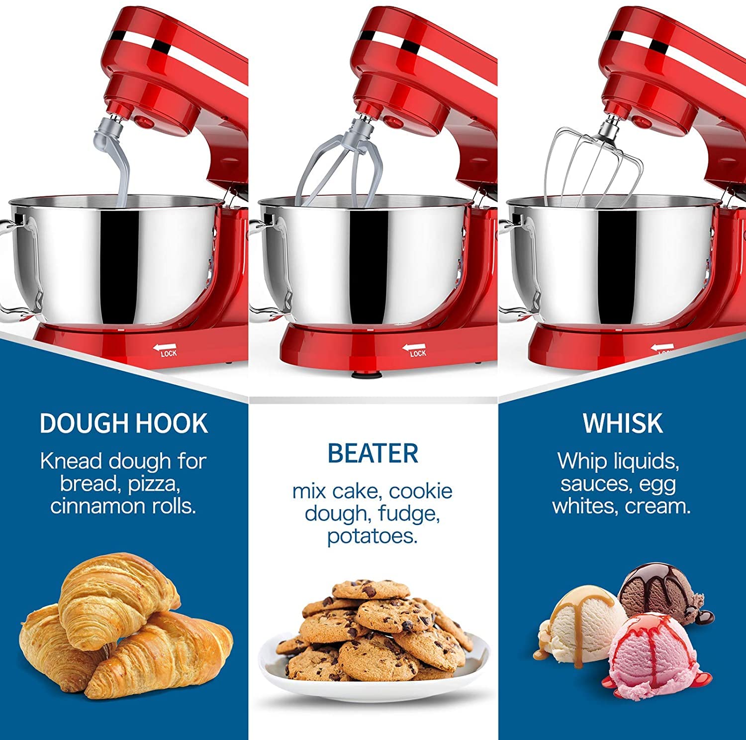 Robot Pâtissier Multifonctions, Vospeed Robot de Cuisine 1000W 5QT avec Fouet, Crochet Pétrisseur, Fouet à Gâteau, bol en acier Inoxydable, Pare-Éclaboussures (Rouge)
