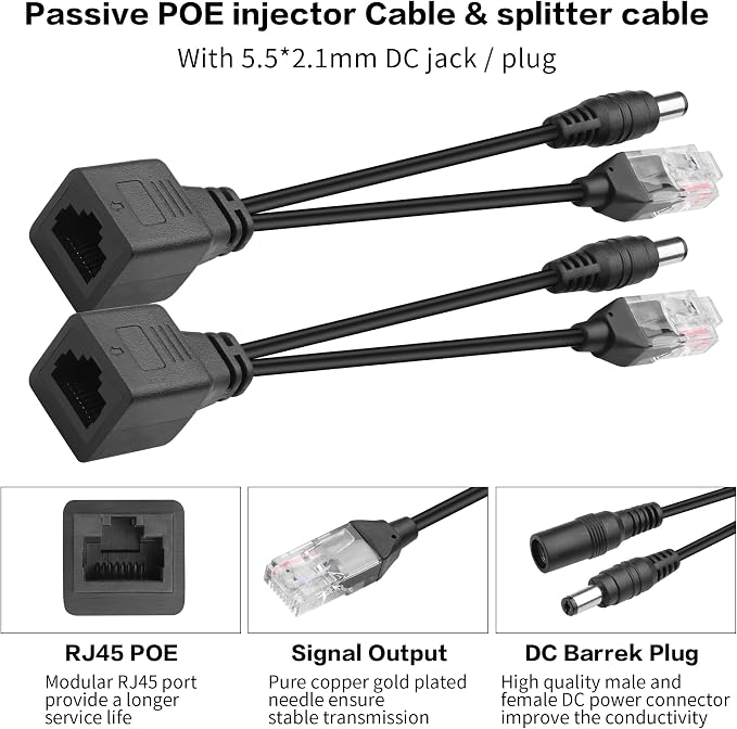 Divisor y inyector pasivo PoE YACSEJAO, kit de 2 unidades con conector adaptador CC 5,5x2,1 mm, negro y blanco miniatura 2