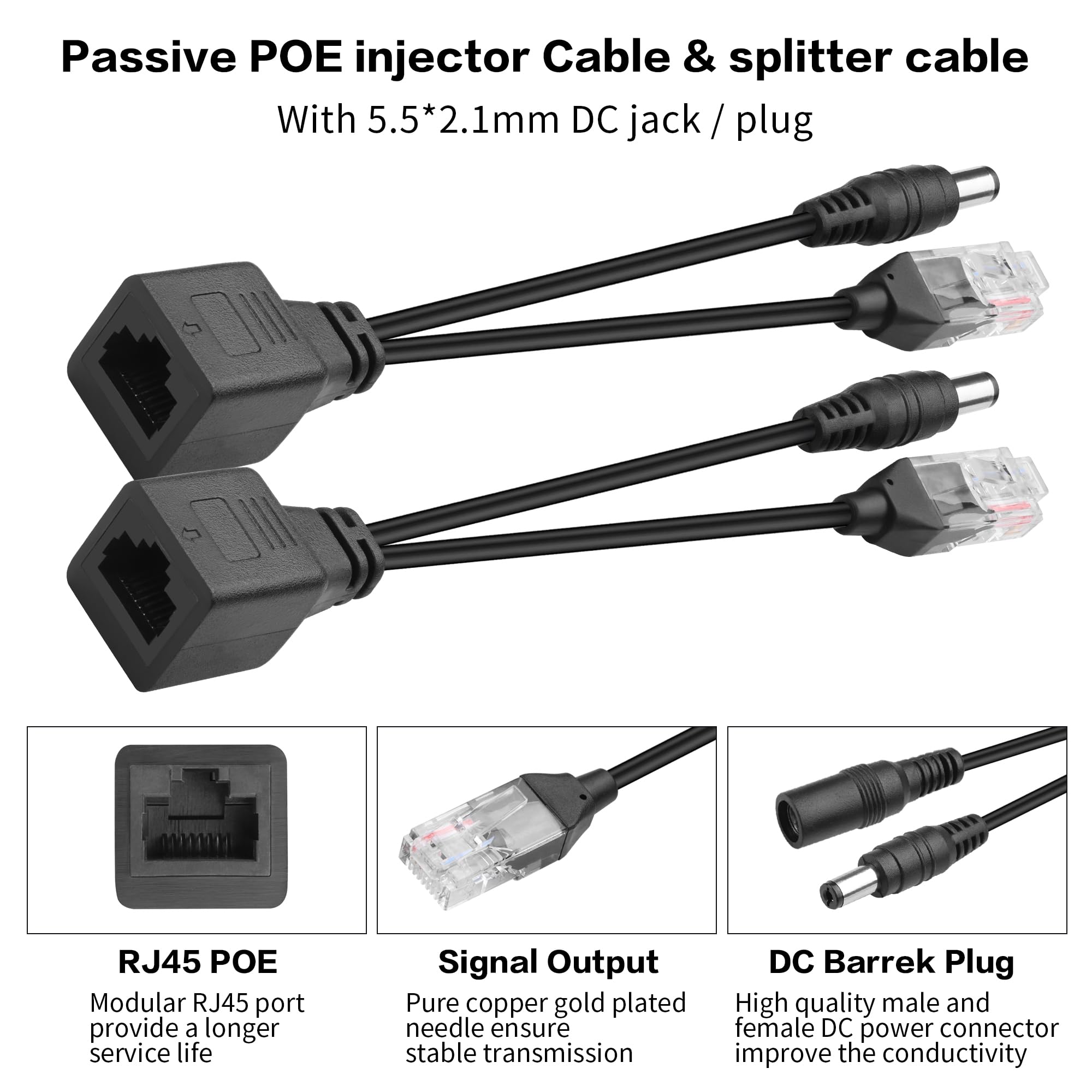 Passive PoE Splitter YACSEJAO 2Pair Passive PoE Injector and Splitter Kit with 5.5x2.1 mm DC Power Adaptor Connector Black+White