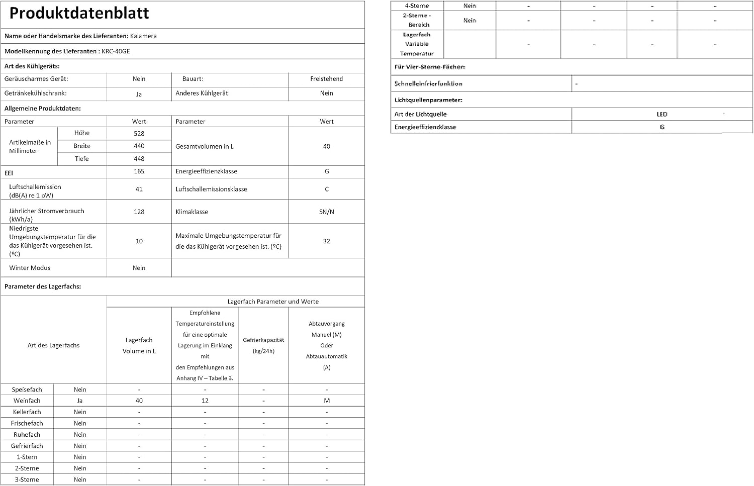Energy label for Kalamera KRC-40GE mini refrigerator, showing energy class G, 128 kWh/annum, 15 bottles capacity, and 41 dB noise level.