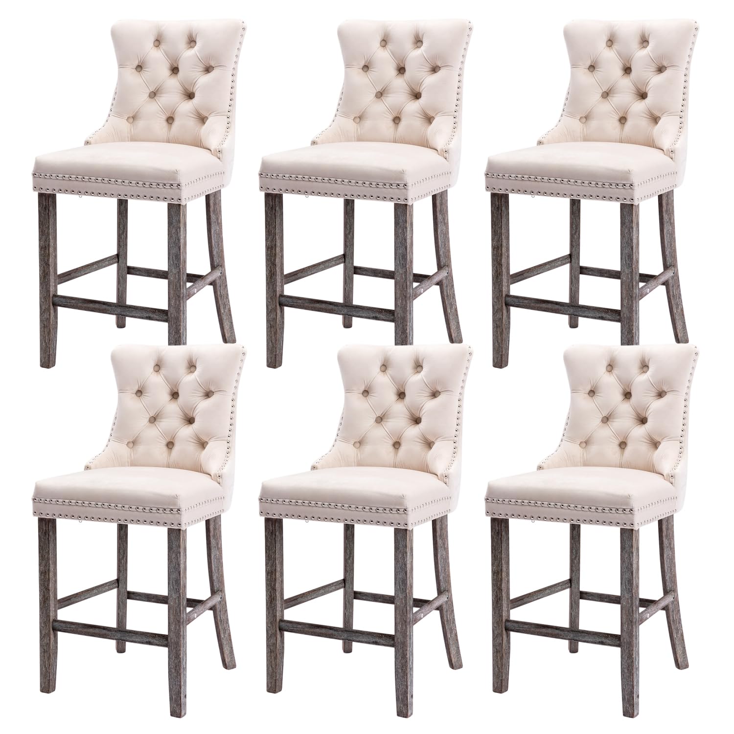 Kiztir Beige Bar Stools Set of 6, 27" Modern Velvet Bar Chairs with Button Decor, Nailhead Trim, Solid Wooden Legs, Kitchen Island Chairs for Cafe,