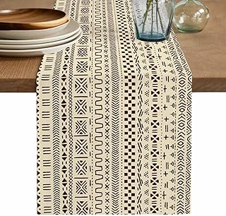 Burlap Linen Table Runner - 120 Inch Long, African Mud Cloth Traditional Ethnic Tribe Kitchen Dining Table Runner Dresser Scarves, Beige Brown Artistic Geometric Farmhouse Decor for Party Banquet