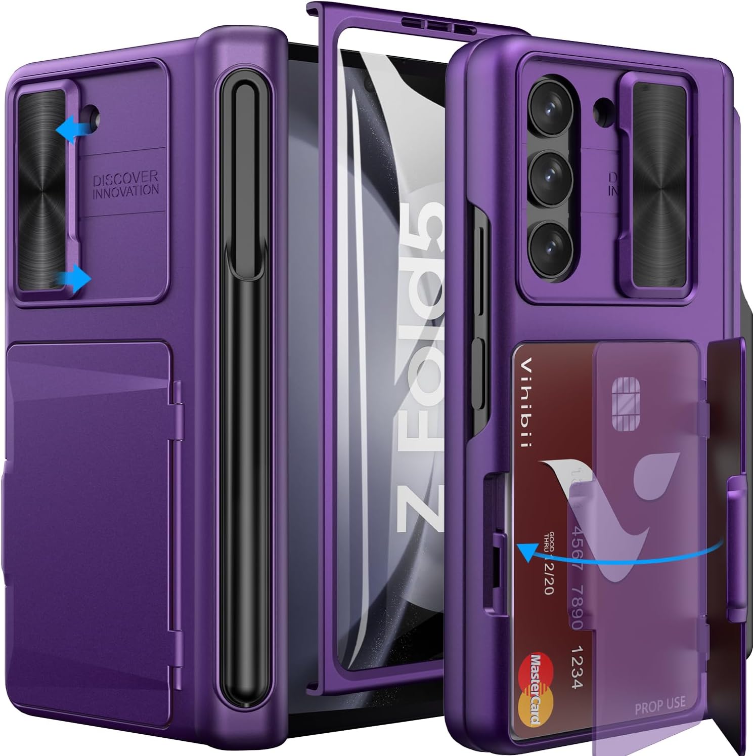 Vihibii for Galaxy Z Fold 5 Case with Card Holder & S Pen Holder & Hinge Protection & Slide Camera Cover & Screen Protector, Heavy Duty Rugged Wallet Phone Case for Galaxy Z Fold 5, Dark Purple