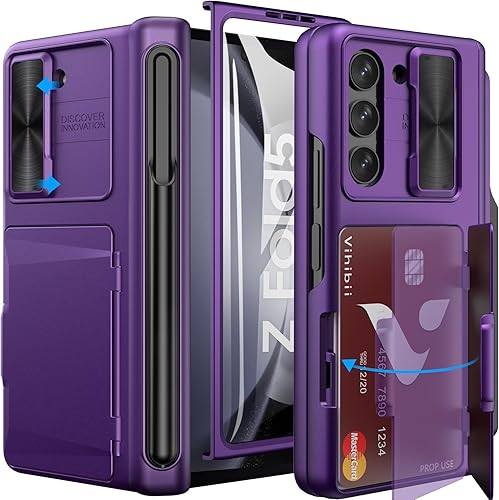 Vihibii Funda para Samsung Z Fold 5 con tarjetero y soporte para bolígrafo S, cubierta para cámara deslizante, protección de bisagra y protector de