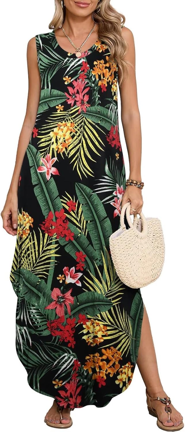 BELAROI Womens Plus Size Maxi Dress Sundress Summer Casual Sleeveless Scoop Neck Pockets Beach Swimsuit Coverup Loose Outfits