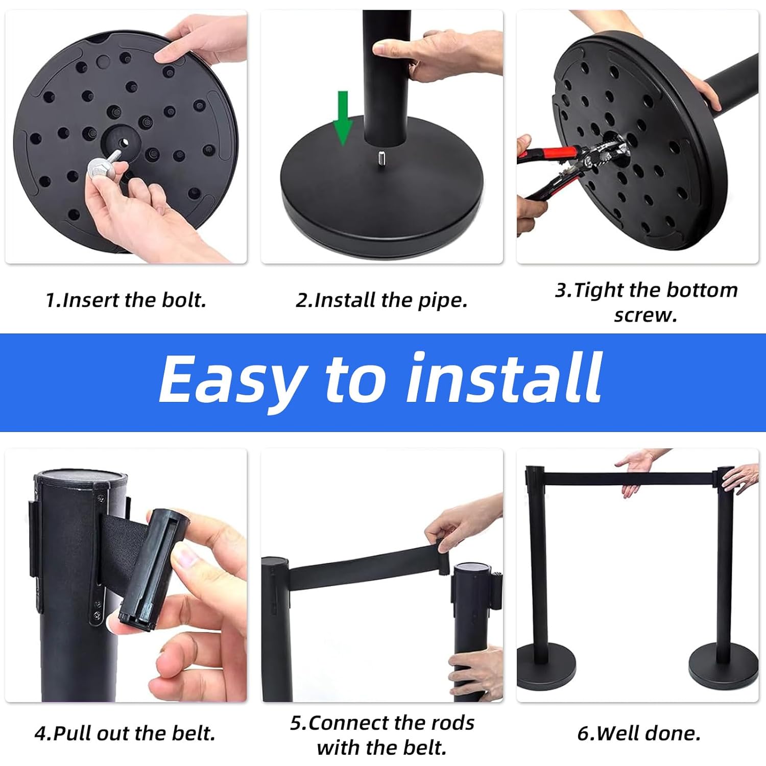 4Pcs Crowd Control Stanchion Set, 90CM Height Black Crowd Control Barrier with 6.6 FT/2M Black Retractable Belt and Plastic Base for Store Queues, Airport Lines, Event Entries