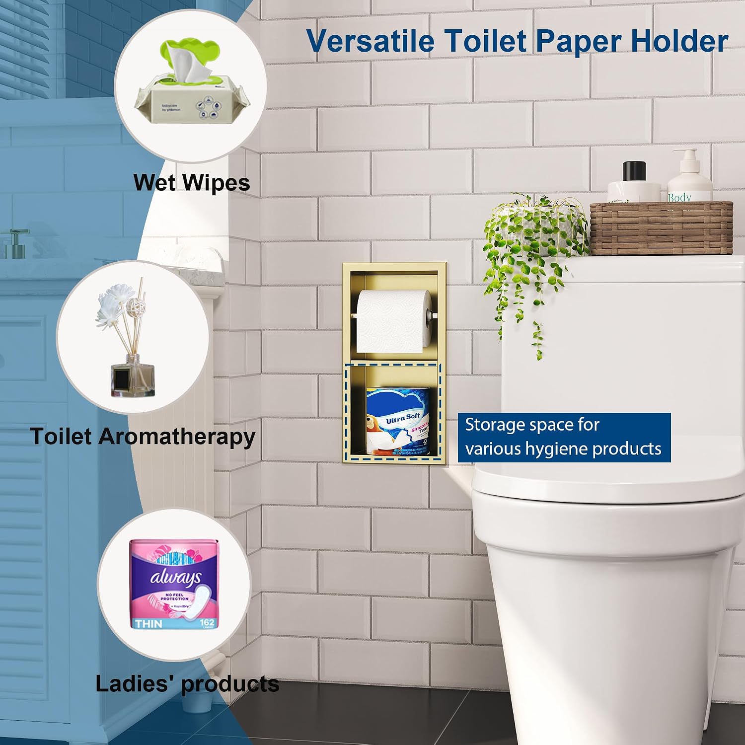 Qeke Recessed Toilet Paper Holder, Dual Rolls Tissue Toilet Holder, Golden image 3