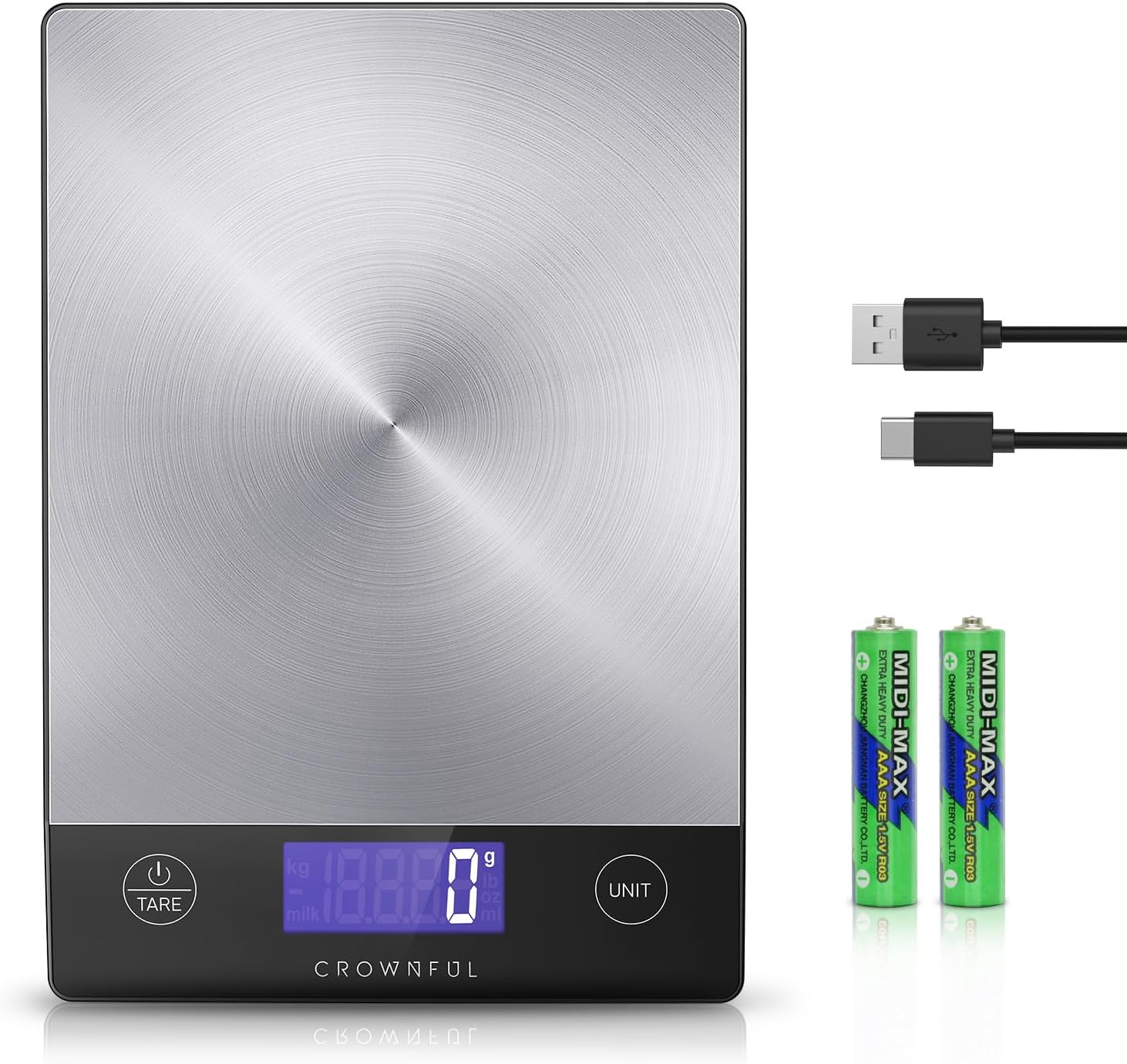 CROWNFUL Rechargeable Food Kitchen Scale, 33lb Digital Scale, Weight Grams and Ounces for Baking and Cooking, Type-C Charging, LCD Display, 304 Stainless Steel