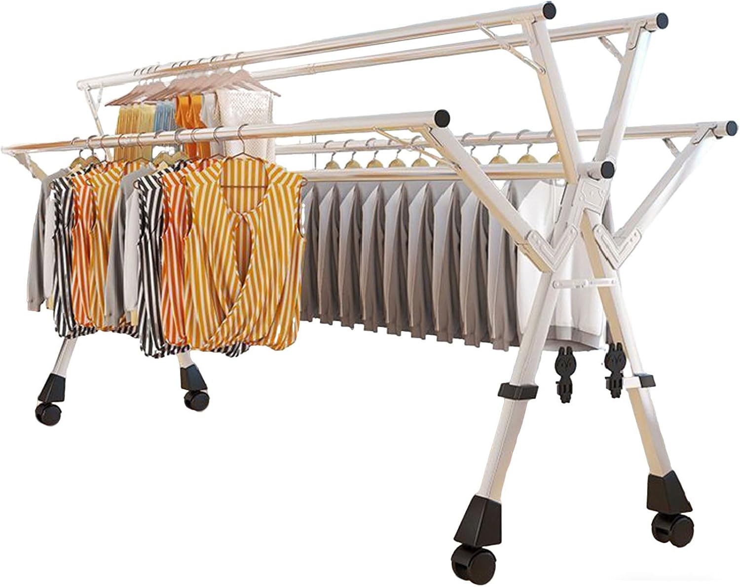 HUHJYUGE Outdoor Foldable Clothes Drying Rack, Stainless Steel 5 Bars Laundry Drying Rack with Wheels, Extendable Free-Standing Laundry Stand for Indoor Outdoor Balcony (200cm/78.7inch)