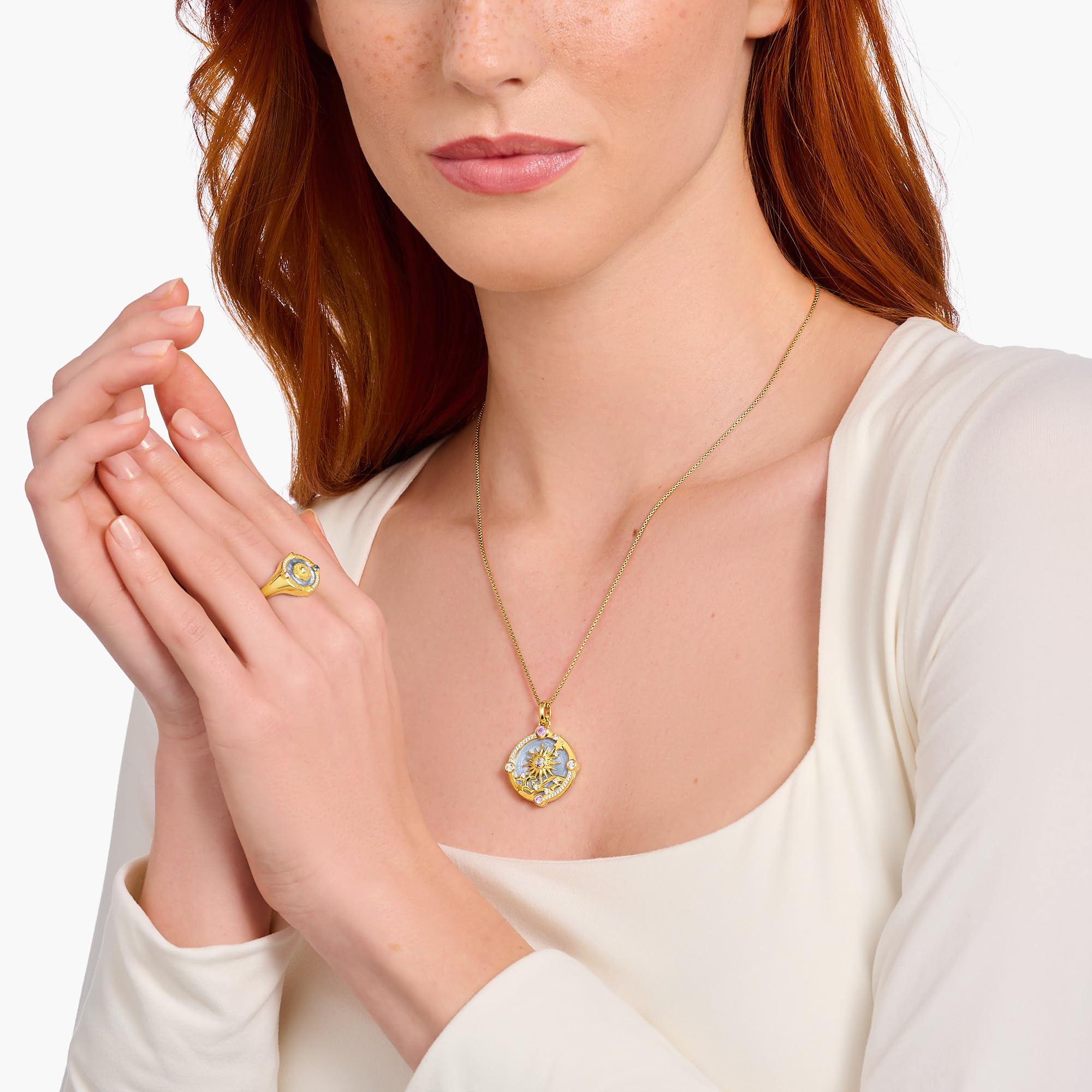 THOMAS SABO Kettenanhänger blau mit Sonne und bunten Steinen vergoldet 925 Sterlingsilber, 750 Gelbgold Vergoldung, Kaltemail