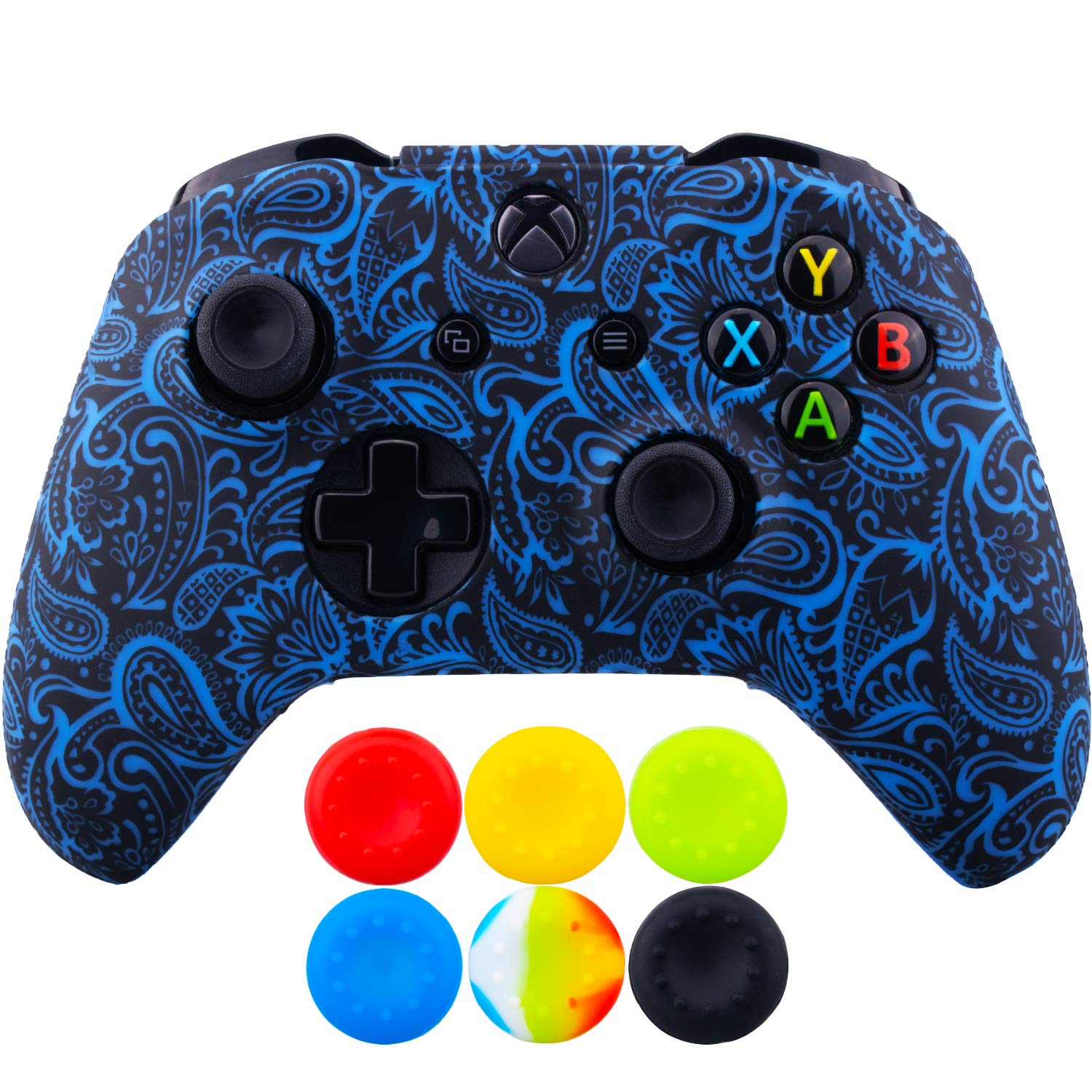 1 x Silicona Transferir Impresión Protector Cubrir Piel + 6 Apretones de Pulgar y Tapones a Prueba de Polvo para Xbox One/S/X Mando Follaje Azul