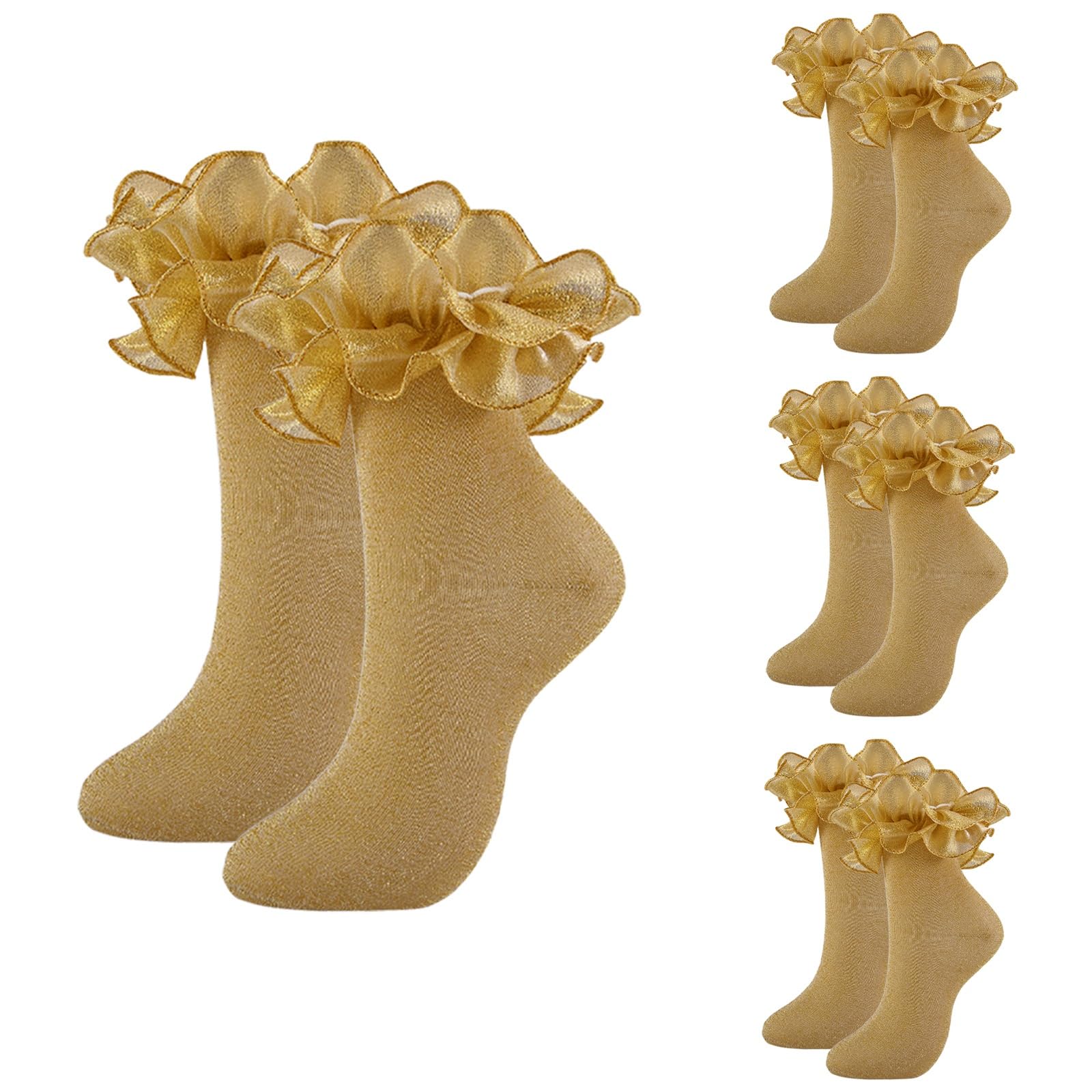 Mkyszlt Women's Gold - 4 Pairs Glittery Ruffle Ankle Socks,Adult Double Lace Sparkling Frilly Dress Socks With Ruffles Cute Ruffled Bobby Sock, One Size