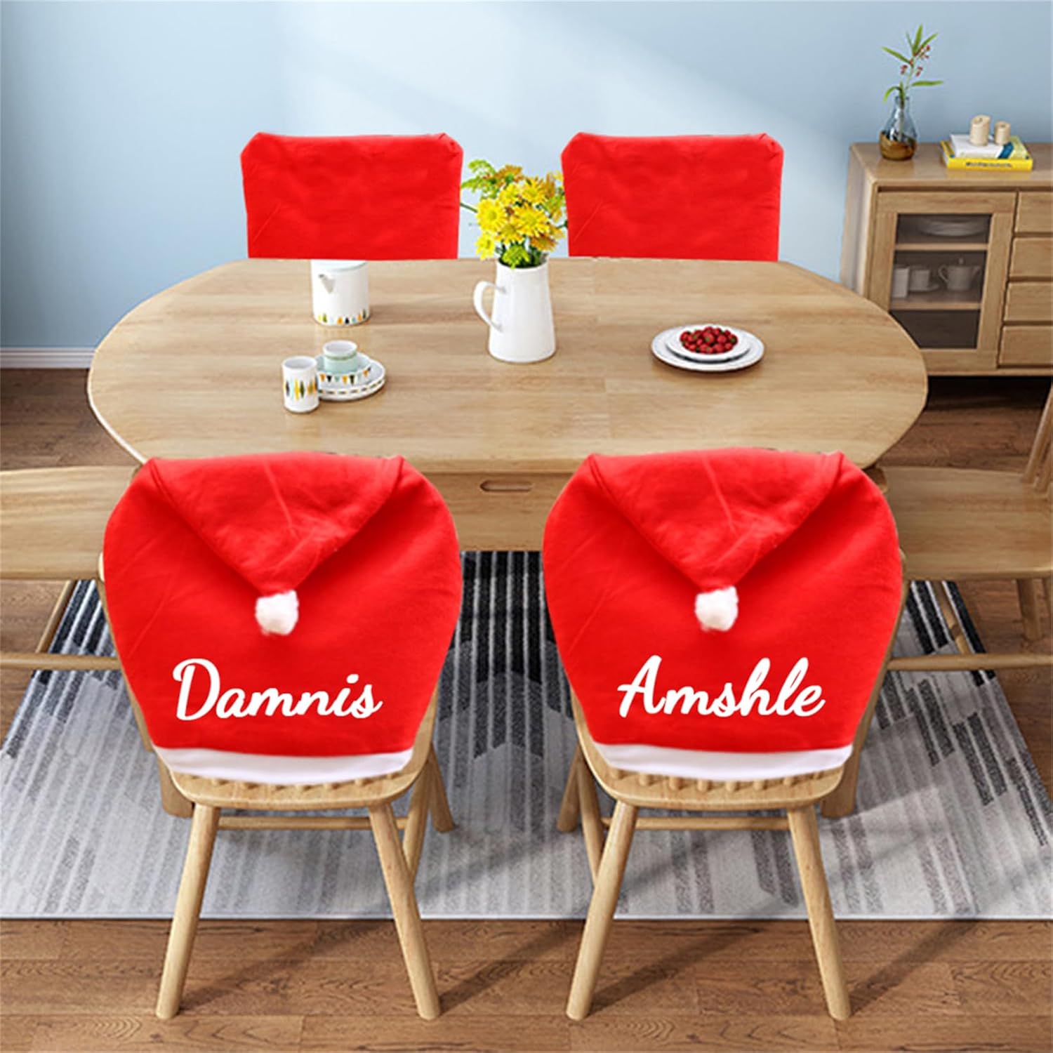 Personalized Name Christmas Chair Covers Set of 2/4/6 Red Santa Hat Dining Chair Covers Kitchen Chair Cover Xmas Decorations Holiday Dinning Room Kitchen (Christmas Chair Covers - 1)