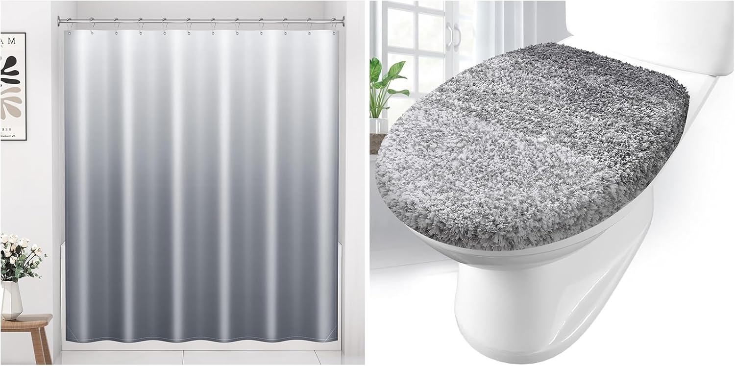 Arotive Bathroom Toilet Lid Cover and Fabric Ombre Shower Curtains Sets with 12 Hooks, Toilet Lid Cover Size 17.5x15 in Grey and Shower Curtain 72x72 in Grey Ombre, 2 Item Bundle
