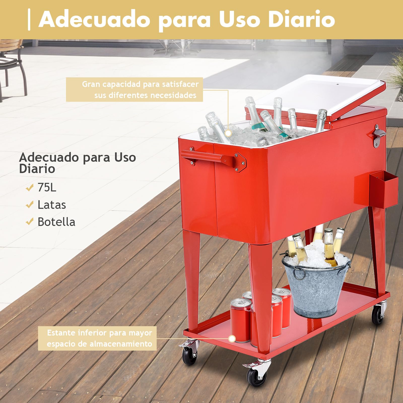 COSTWAY 76L Carrito Nevera con Ruedas, Carro de Bebidas Refrigerado Portátil con Abrebotellas, Estante y 2 Compartimentos, hasta 72 Horas, 40 x 79 x 87 cm, para Patio Fiesta Terraza