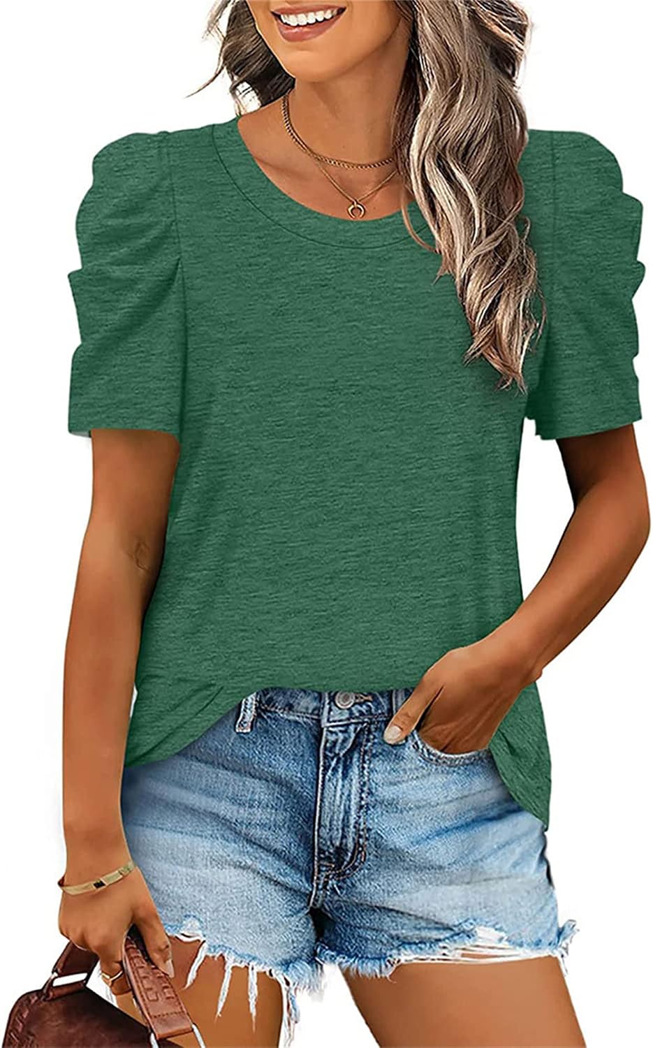 Womens Pleated Short Sleeve Tunic Tops Casual Solid Color Basic Shirts Blouse Loose Trendy Dressy Fitted T Shirts