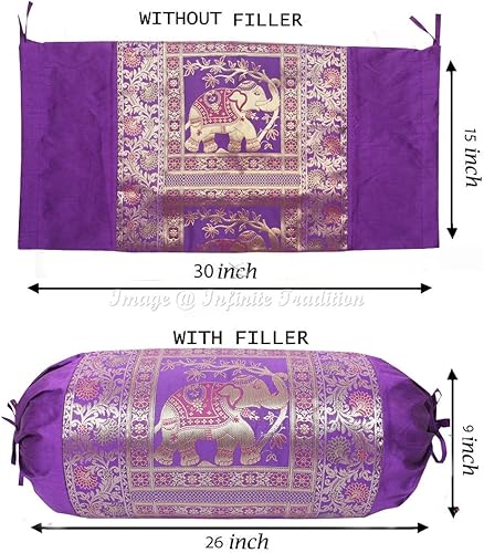 Miniatura 3 de Funda de almohada de tubo de cojín de seda brocado de jacquard indio, cilíndrico, morado, para yoga, sofá, funda de cojín decorativa redonda,