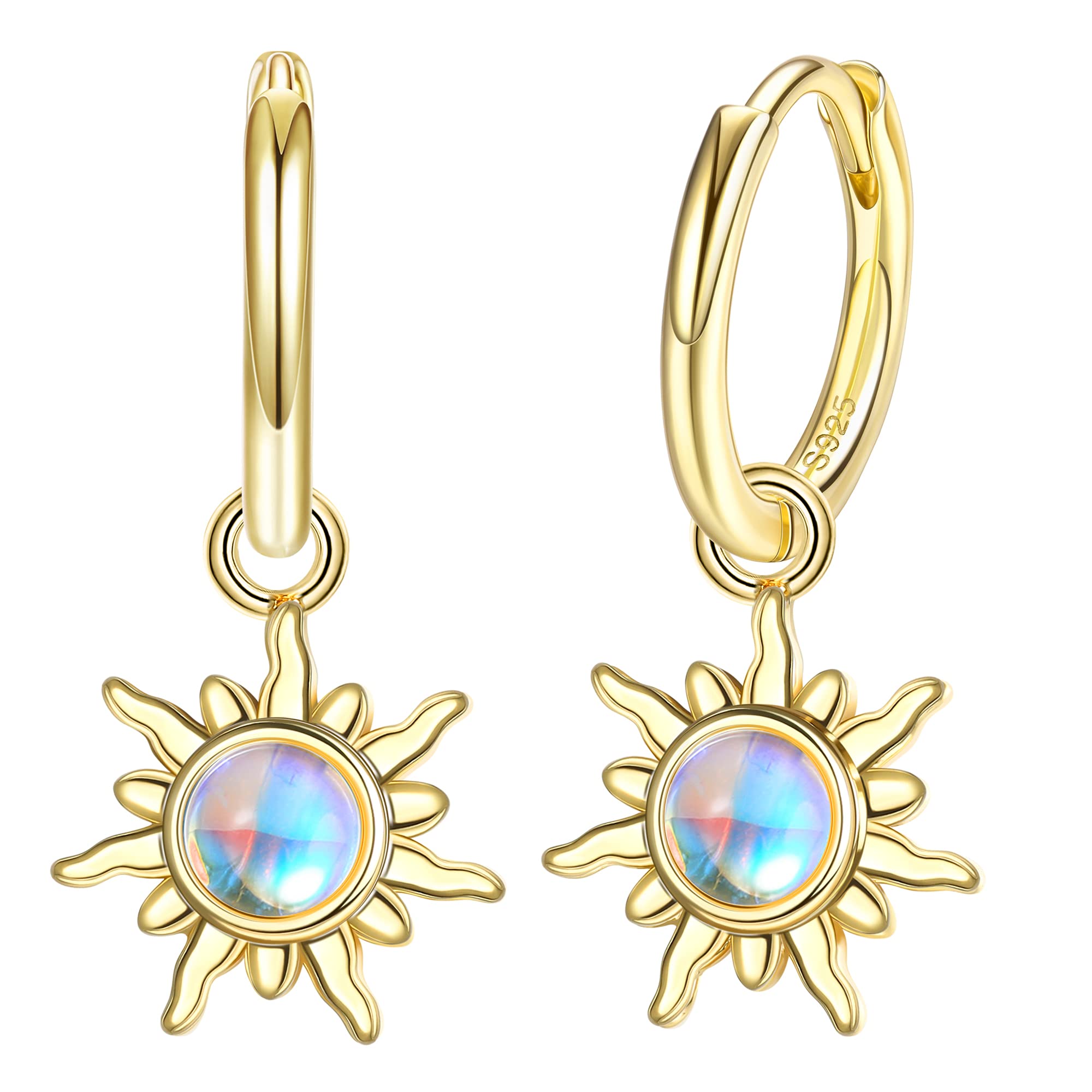 Adramata Pendientes Colgantes para Mujer Pendientes de Plata de Ley 925 Pendientes de Gota de Piedra Lunar Pendientes de Sol Delicados Pendientes de Aro Dorada Pendientes de Aro de Plata para Mujer