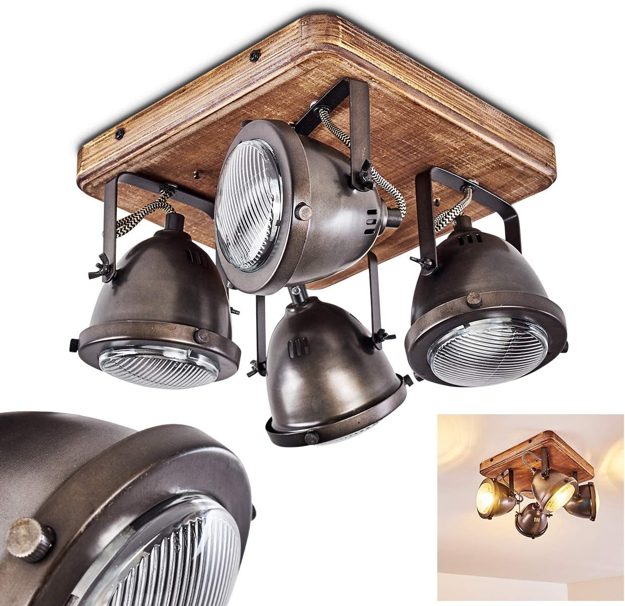 Lampada a Soffitto Gustavo, Metallo, Legno, Marrone, Nero, 13x33x10 cm