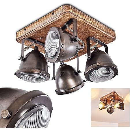 QAZQA Industrie Vintage Deckenstrahler - 2-flammig, Schwarz Mit Mangoholz, Dimmbar, E27 Fassung