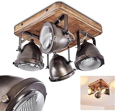 hofstein Plafondlamp Glostrup, dimbare plafondlamp van metaal/hout in bruin, 4 lampen, lampenkap draai- en kantelbaar, 4 x GU10-fitting, spot in retro-design, zonder gloeilampen