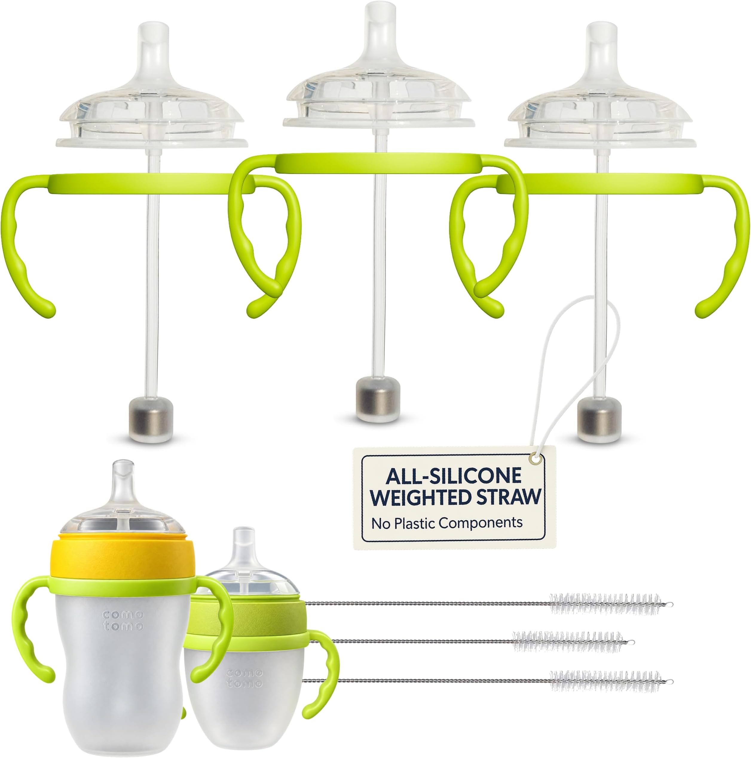 BelBeyo Straw Top with Weighted Straw and Cleaning Brush for Comotomo and Mason Baby Bottles (2-Pack) | Food Grade Silicone | BPA-Free | Spill-Proof