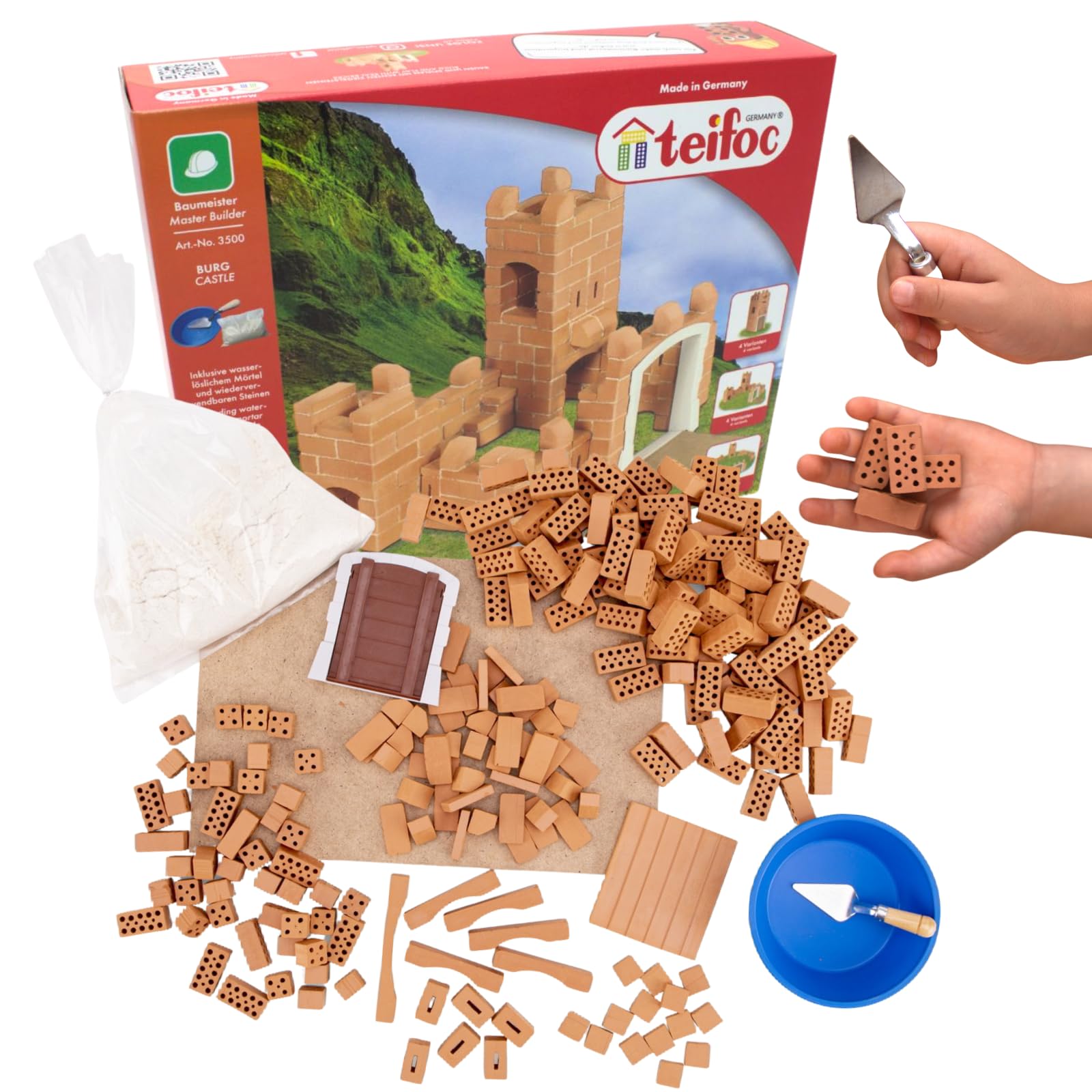 teifoc Burg - Steinbaukasten 3500, Ziegelburg mit 200+ Bauteilen | Bastelset ab 6 7 8 Jahren, Miniatur Ziegelsteine, Modellbau, Montessori Spielzeug, Maurerset Kinder, Mörtel Set, Beton