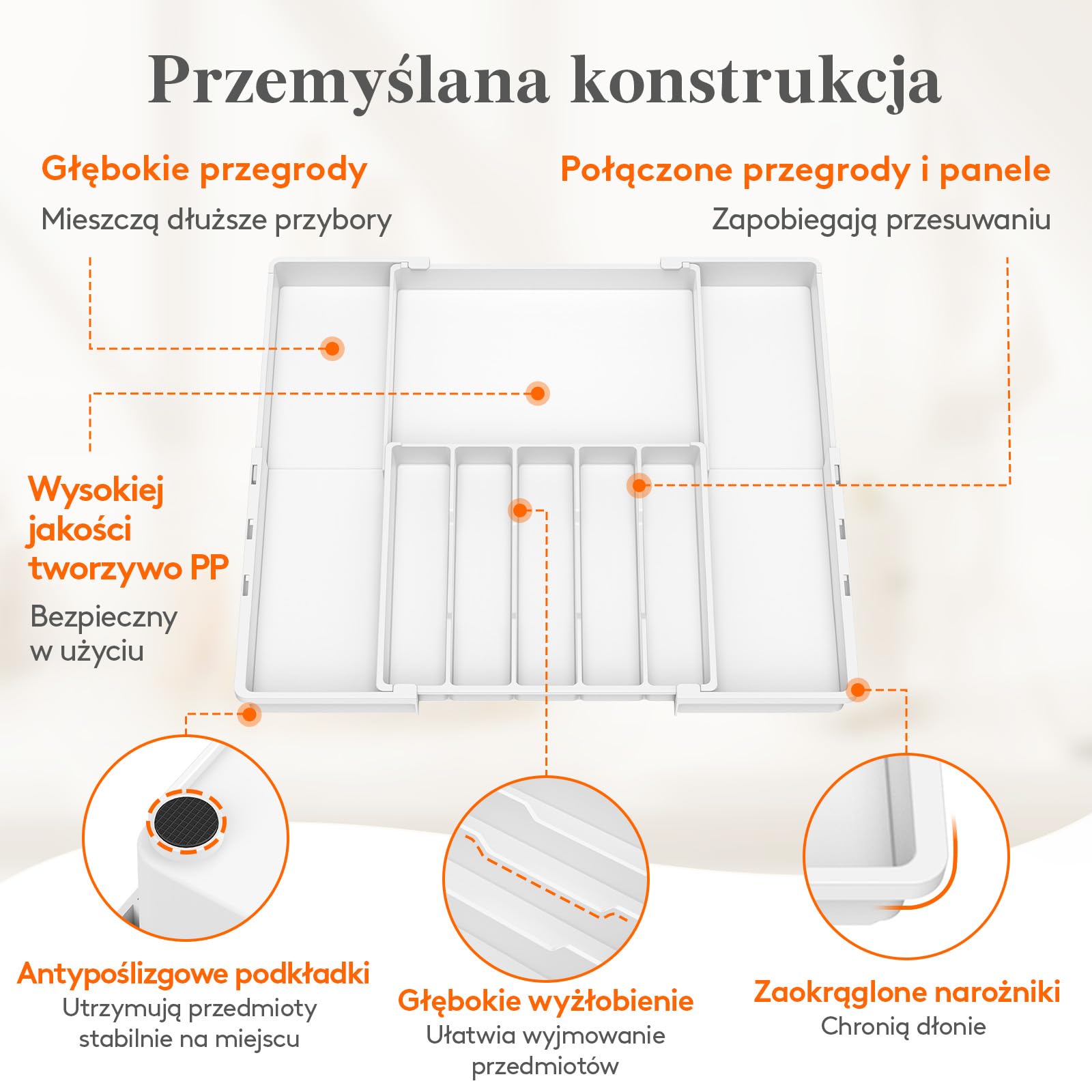 Lifewit Pojemnik na sztućce do szuflad, 5-8 przegródek, dwukierunkowy, regulowany, organizer z tworzywa sztucznego, organizer kuchenny, szerokość od 30,5 do 52 cm, wkład na sztućce na łyżki i widelce