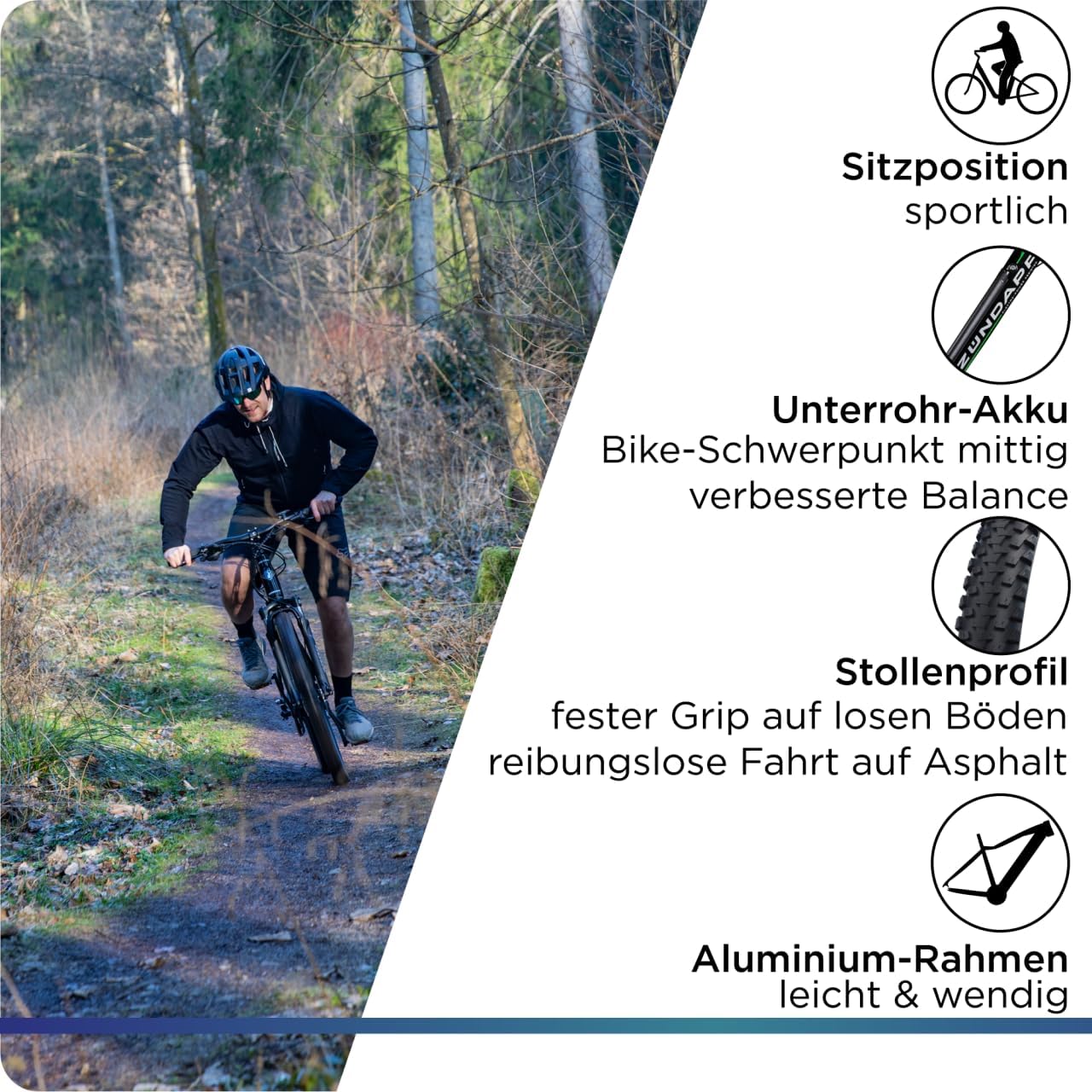 Diagram showing sporty riding position, integrated downtube battery, knobby tire profile, and lightweight aluminum frame