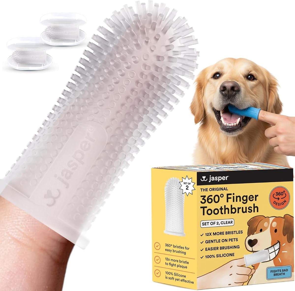 Cepillo de dientes para perros, cepillo de dientes de 360° para perros y gatos, transparente, paquete de 2 | 12x Más Cerdas, Kit de Limpieza de Dientes para Mascotas Pequeñas y Grandes, Pasta de Dientes No Incluida, Combate el Mal Aliento, Silicona Extra Suave
