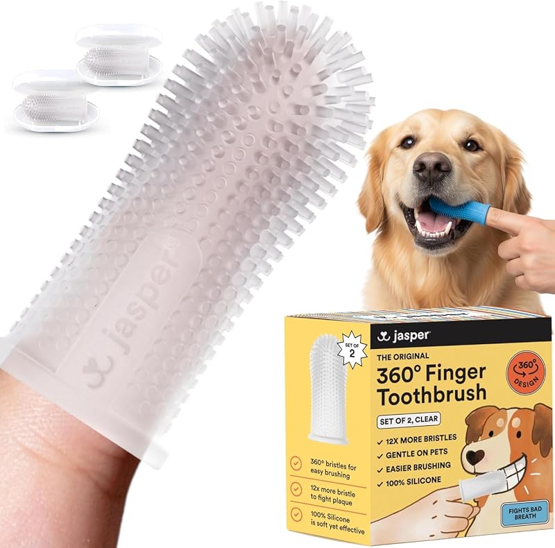 Cepillo de dientes para perros, cepillo de dientes de 360° para perros y gatos, transparente, paquete de 2 | 12x Más Cerdas, Kit de Limpieza de Dientes para Mascotas Pequeñas y Grandes, Pasta de Dientes No Incluida, Combate el Mal Aliento, Silicona Extra Suave