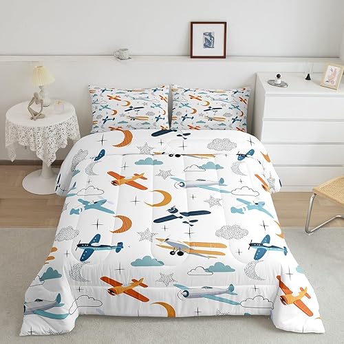 Vista 4 de Juego de edredón de avión, tamaño individual, diseño de caricaturas, estrellas, luna, nube, juego de ropa de cama para niños, adolescentes y niñas