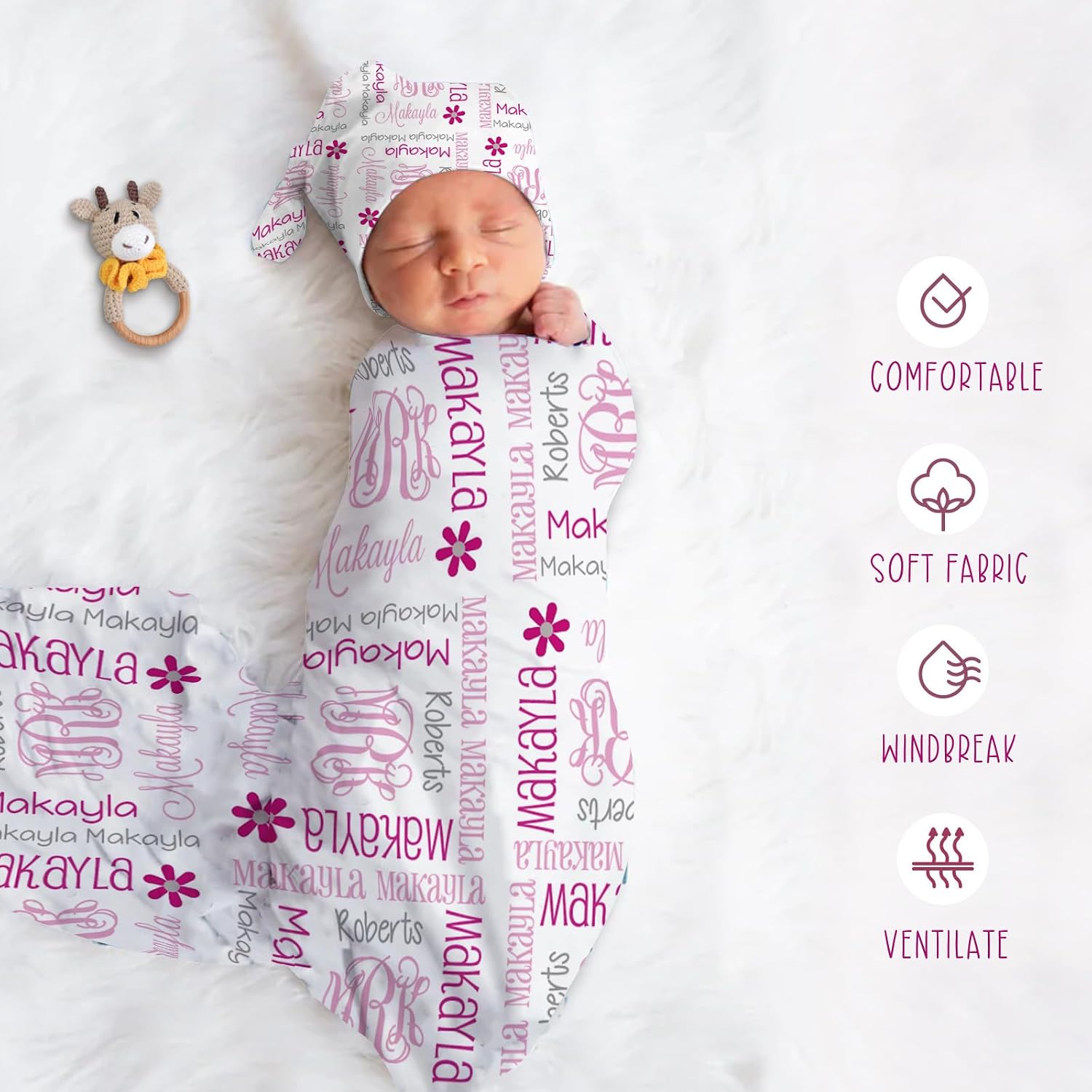 Custom Baby Swaddle Set - Muslin Swaddle Blanket Hat Headband for Infant Baby Girl Personalized Swaddle Blanket Newborn Gift Pink Letter(Fixed Size)