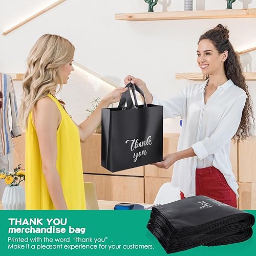 Miniatura 6 de Yeaqee 100 bolsas de agradecimiento de 8 x 10 pulgadas, extra gruesas, con asas, color negro, esmerilado, reutilizables, para boutique, mercancía,