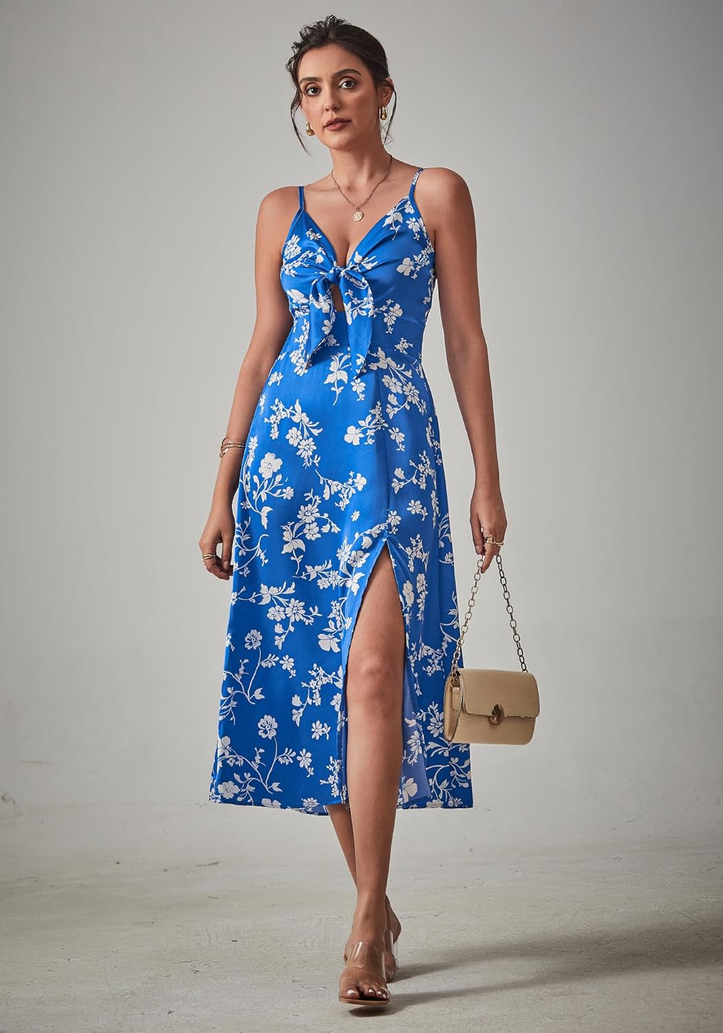 Fashionme Women Spaghetti Strap Midi Satin Dresses Tie Front Backless Slit Cutout Dress Semi-Formal/Casual Flowy Lightweight - Image 2